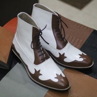 Ankle High Brown White Lace Up Designer Boot, Handmade Boot - Thumbnail 2
