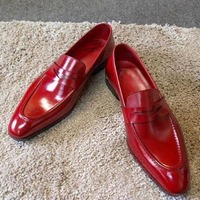 Men's Red Penny Loafer Leather Shoes, Handmade Slip On Moccasin Shoes - Thumbnail 1