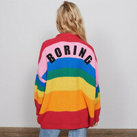 New Rainbow Stripe Colorblock Loose Sweater Jacket - Thumbnail 2