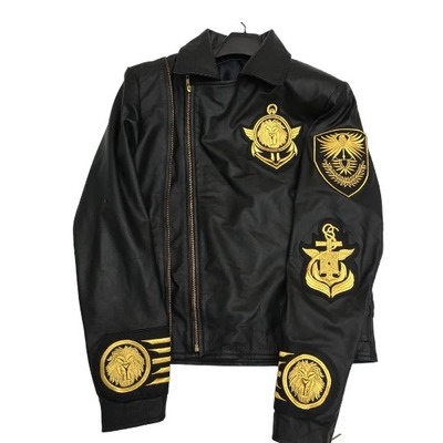 Handmade men's embroidery patches golden black style leather zipper jacket