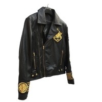 Handmade Men's Embroidery Patches Golden Black Style Leather Zipper Jacket - Thumbnail 2