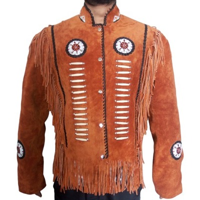 Handmade men's stylish tan western suede fringe cowboy jacket