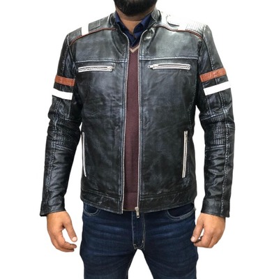 Handmade men's black zipper leather biker double pocket jacket