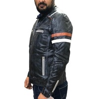 Handmade Men's Black Zipper Leather Biker Double Pocket Jacket - Thumbnail 2
