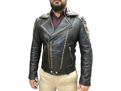 Handmade Men's Black Zipper Leather Golden Studded Jacket