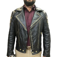 Handmade Men's Black Zipper Leather Golden Studded Jacket - Thumbnail 1