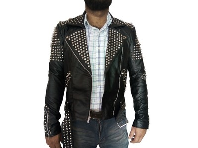 Handmade Black Color Silver Studded Leather Style Men's Zipper Jacket