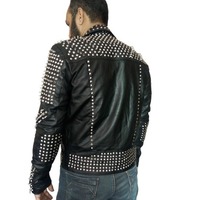 Handmade Black Color Silver Studded Leather Style Men's Zipper Jacket - Thumbnail 3