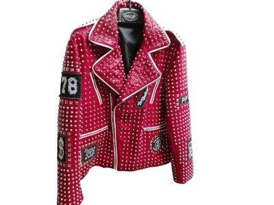 Handmade Men's Red Studded Patches Leather White Contrast Zipper Jacket