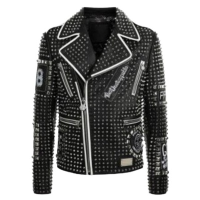 Handmade men's black studded patches leather white contrast zipper jacket