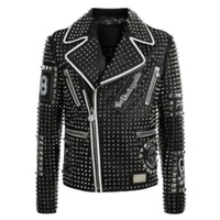 Handmade Men's Black Studded Patches Leather White Contrast Zipper Jacket - Thumbnail 1