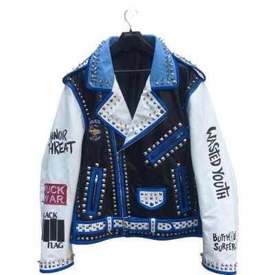 Handmade men's fashion blue white silver studded leather jacket