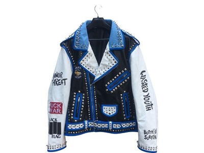 Handmade Men's Fashion Blue White Silver Studded Leather Jacket
