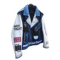 Handmade Men's Fashion Blue White Silver Studded Leather Jacket - Thumbnail 3