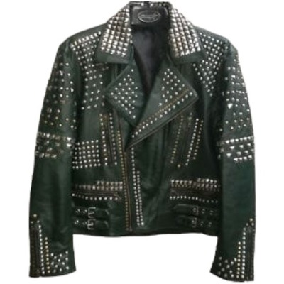 Handmade men's designed green studded chains leather jacket