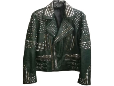 Handmade Men's Designed Green Studded Chains Leather Jacket