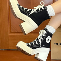 Canvas Chunky Heels Shoes - Thumbnail 1