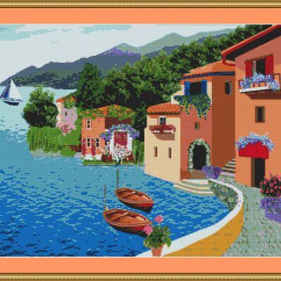 Village by the sea cross stitch pattern