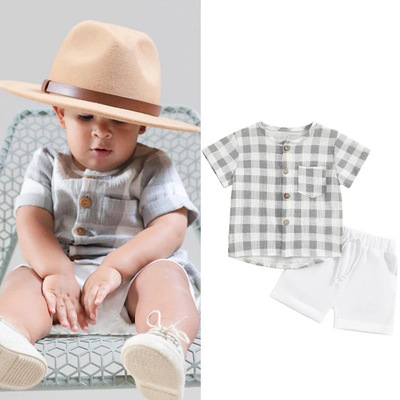 Boys summer checker print short sleeve button up shirt and shorts set, baby boy clothes, toddler boy outfit, free shipping