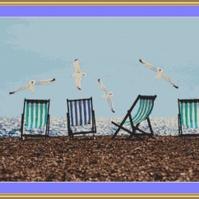 Sea gulls and deck chairs cross stitch pattern