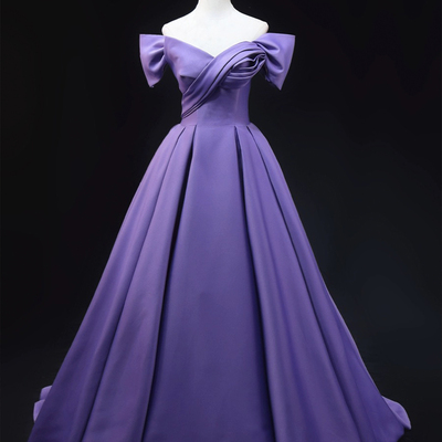 Purple satin long prom dress, off the shoulder evening party dress - Thumbnail 1