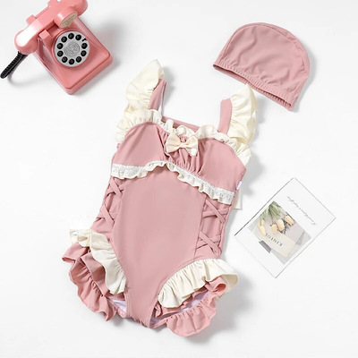 Toddler girls pink ruffled one piece swimsuit cream colored ruffles bow and hat set, free shipping