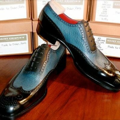 Black blue in plain calf leather wingtip oxford dress shoes