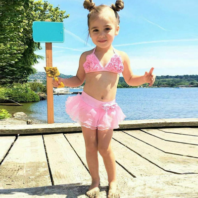 Baby toddler girl ruffled halter top pink bikini tutu swimsuit 2pc set, free shipping