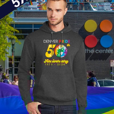 Denver pride 50th anniversary, dark heather hoodie, unisex sizing