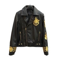 Handmade Men's Embroidery Patches Golden Black Style Leather Zipper Jacket - Thumbnail 1