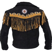 Handmade Men's Black Color Cowboy Suede Tan with Fringes Jacket - Thumbnail 1