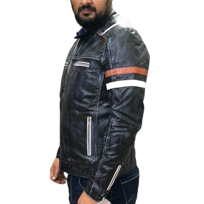 Handmade men's black zipper leather biker double pocket jacket