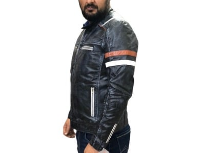 Handmade Men's Black Zipper Leather Biker Double Pocket Jacket