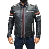 Handmade Men's Black Zipper Leather Biker Double Pocket Jacket - Thumbnail 1