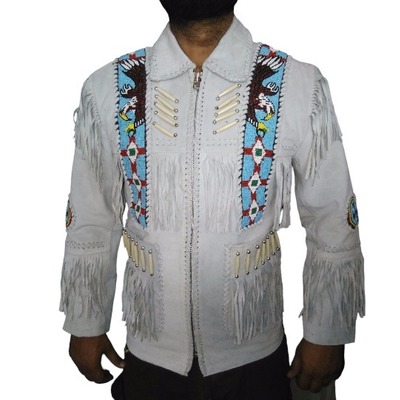 Handmade men's white cowboy suede leather jacket fringes & beads