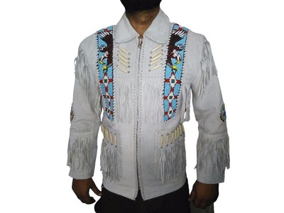 Handmade Men's White Cowboy Suede Leather Jacket Fringes & Beads