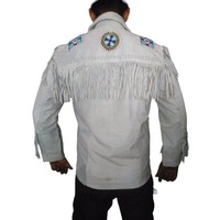 Handmade Men's White Cowboy Suede Leather Jacket Fringes & Beads - Thumbnail 1
