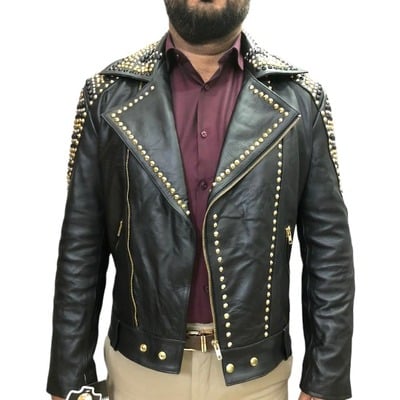 Handmade men's black zipper leather golden studded jacket