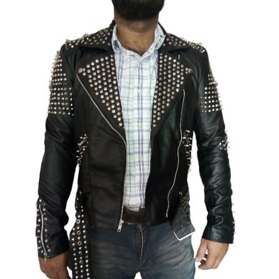 Handmade black color silver studded leather style men's zipper jacket