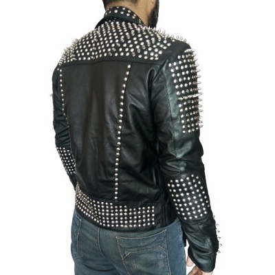 Handmade black color silver studded leather style men's zipper jacket