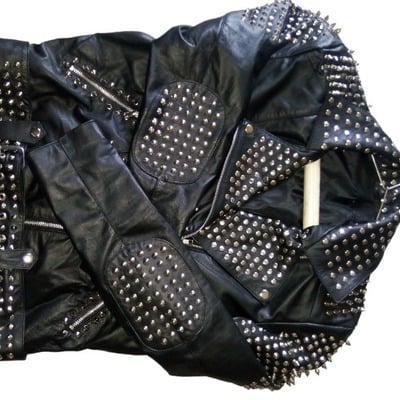 Black color silver studded leather style men's zipper handmade jacket