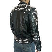 Black Color Silver Studded Leather Style Men's Zipper Handmade Jacket - Thumbnail 2