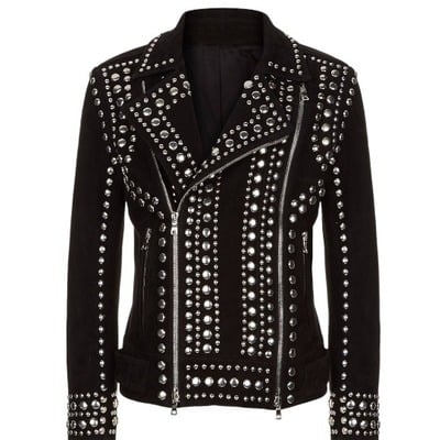 Handmade black color silver studded leather style men's zipper jacket