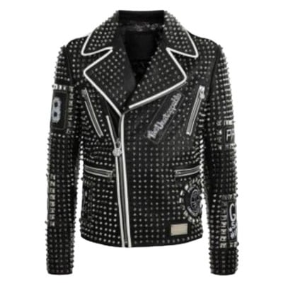 Handmade men's black studded patches leather white contrast zipper jacket