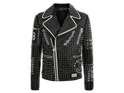 Handmade Men's Black Studded Patches Leather White Contrast Zipper Jacket