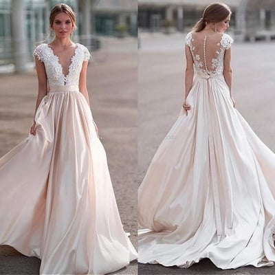 V-neckline lace cap sleeves wedding dresses with champagne skirt,1720 - Thumbnail 1