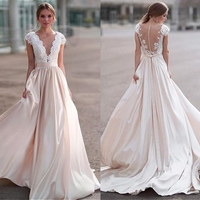 V-neckline Lace Cap Sleeves Wedding Dresses with Champagne Skirt,1720 - Thumbnail 1