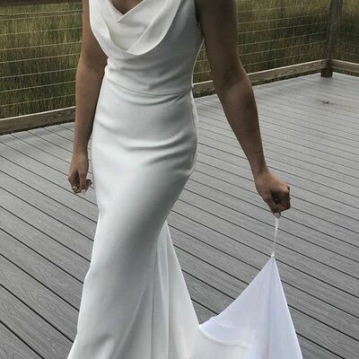 V neck draped sheath backless wedding dress,beach wedding gown back open custom cheap,1722 - Thumbnail 1