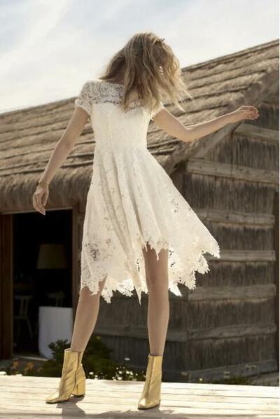 Short Boho Wedding Dress,High Quality French Lace Short Sleeve Wedding Dress,1723