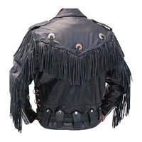 Handmade Men's Black Wasterns Stylish Fringe Zipper Leather Jacket - Thumbnail 1